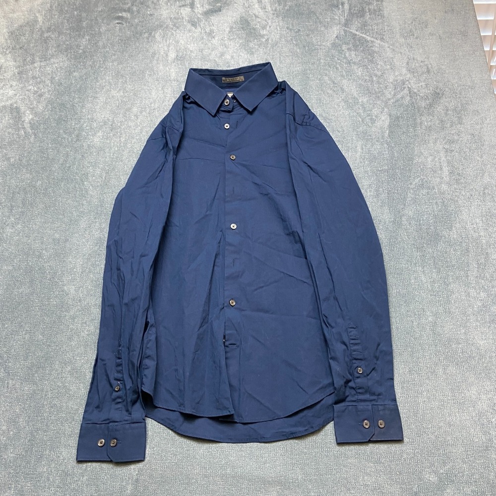 Express 1MX Dress Shirt Mens Medium 15-15.5 Navy Blue Athletic Fit Button Up
